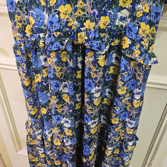 Code x Mode Blue/Yellow Multi-Color Floral Prairie Core Ruffle Maxi Dress, Large - Picture 7 of 16